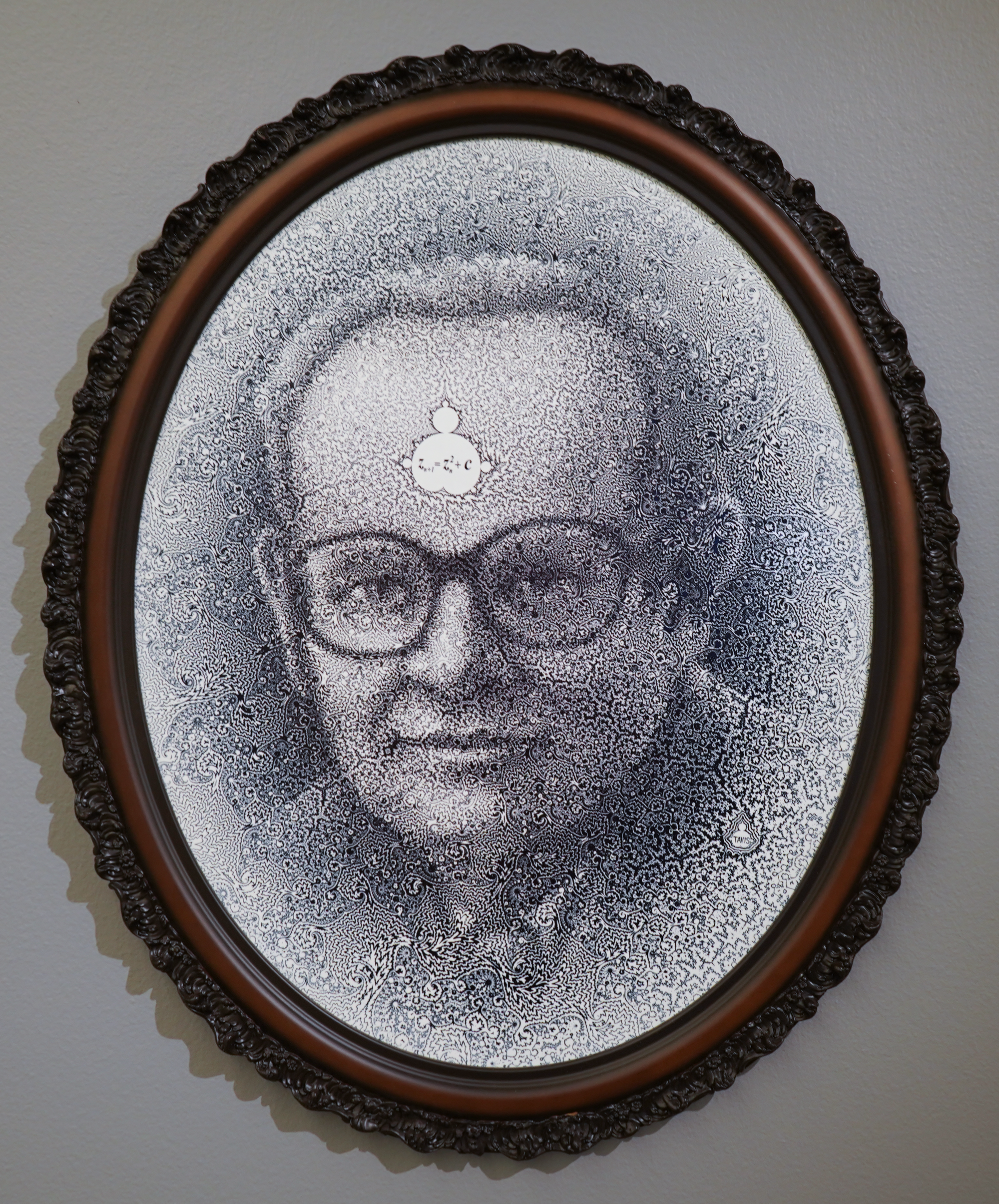 "Portrait of Benoit Mandelbrot" laser engraving and spray paint on Plexiglass, 2019, 24x30 inches
