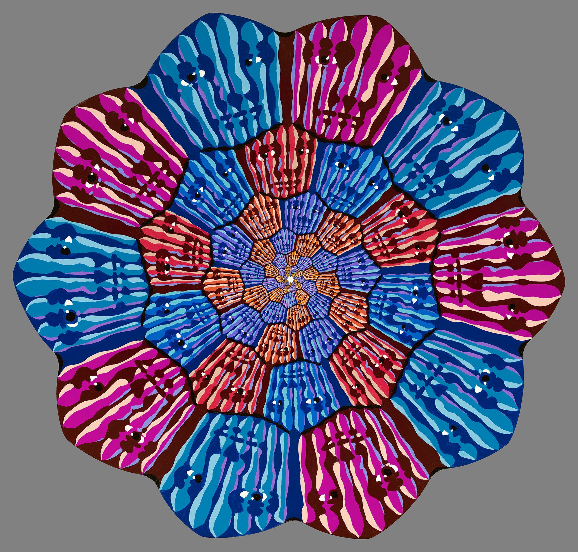 "Forgiveness 70x7 (Red/Blue)" acrylic on custom shaped wood panel, 2022, 33 inches across