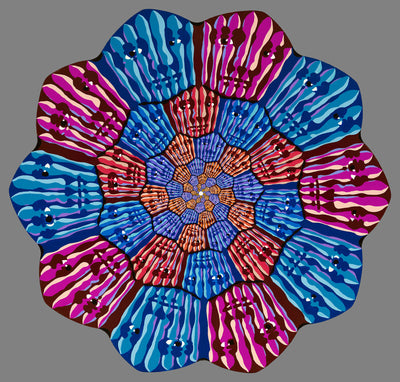 "Forgiveness 70x7 (Red/Blue)" acrylic on custom shaped wood panel, 2022, 33 inches across