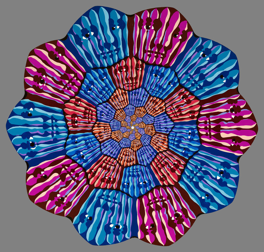 "Forgiveness 70x7 (Red/Blue)" acrylic on custom shaped wood panel, 2022, 33 inches across