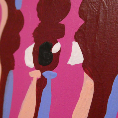 "Forgiveness 70x7 (Red/Blue)" acrylic on custom shaped wood panel, 2022, 33 inches across