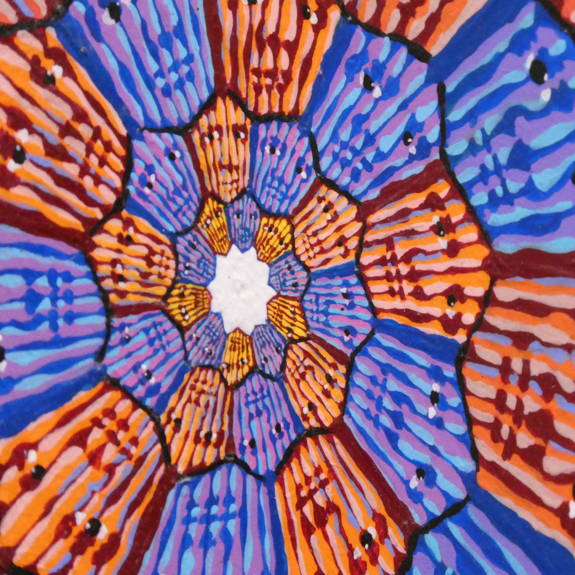 "Forgiveness 70x7 (Red/Blue)" acrylic on custom shaped wood panel, 2022, 33 inches across