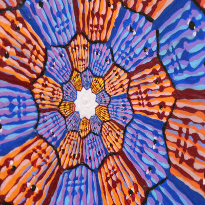 "Forgiveness 70x7 (Red/Blue)" acrylic on custom shaped wood panel, 2022, 33 inches across