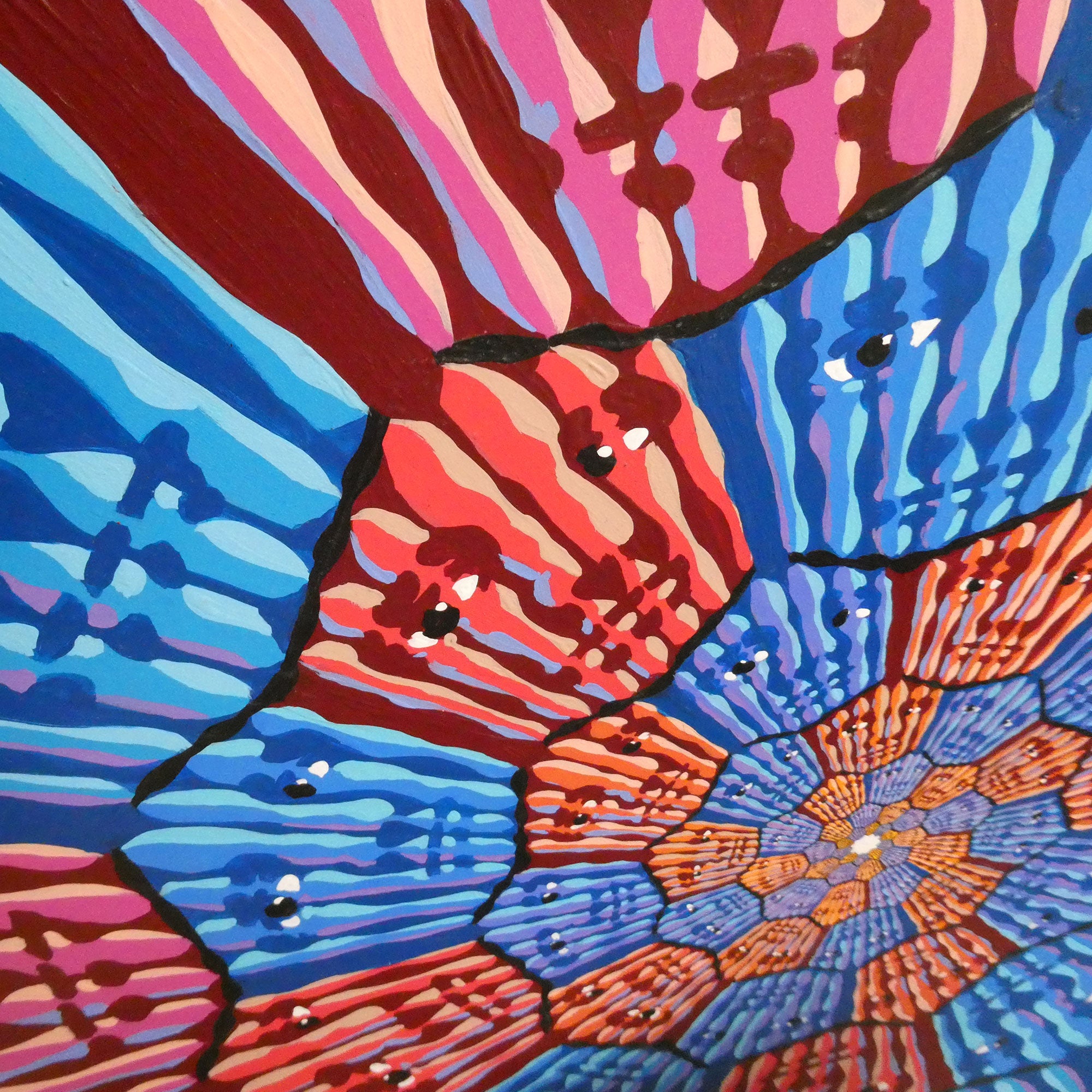 "Forgiveness 70x7 (Red/Blue)" acrylic on custom shaped wood panel, 2022, 33 inches across