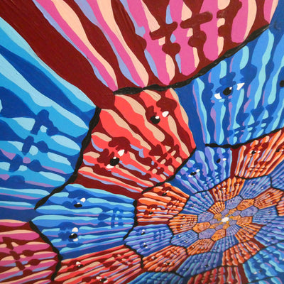 "Forgiveness 70x7 (Red/Blue)" acrylic on custom shaped wood panel, 2022, 33 inches across