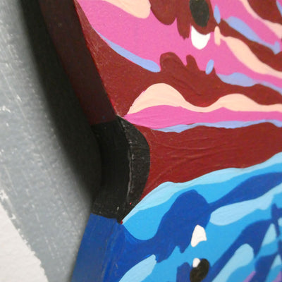 "Forgiveness 70x7 (Red/Blue)" acrylic on custom shaped wood panel, 2022, 33 inches across